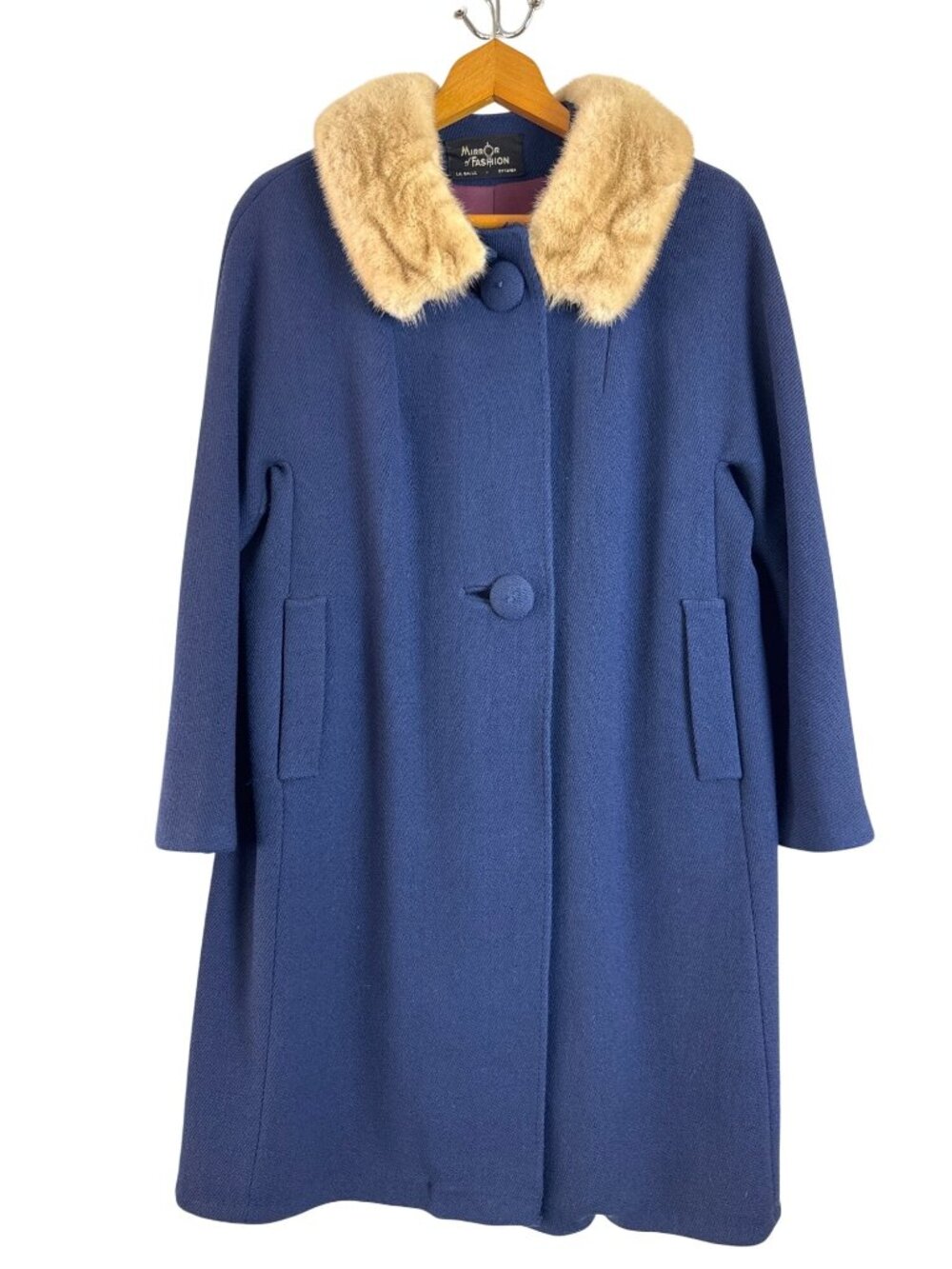 Vintage Blue Wool Coat Tan Fur Collar Satin Lining By Mirror Of Fashion Sz Med